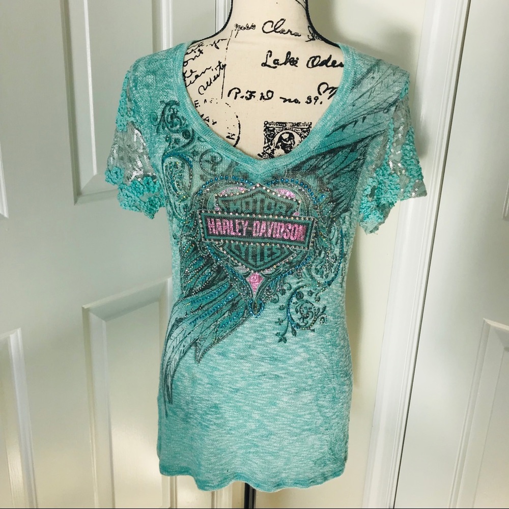 “Harley Davidson” sweater-like Sequins & Lace Tee